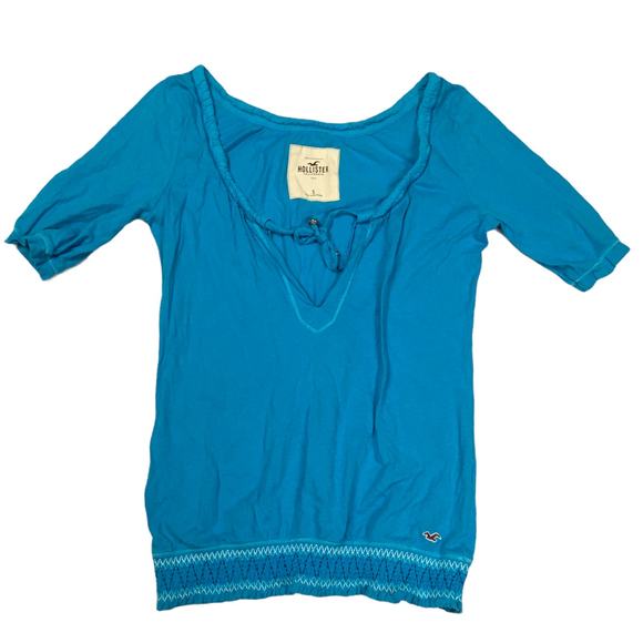 Hollister Top Tie Neck Smocked Waist Blue Women's S Casual Half Sleeve Shirt‎ - Picture 1 of 7